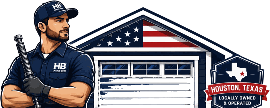 Houston's Best Garage Door technician holding a torsion spring in front of a residential garage with an American flag and a Houston, Texas badge