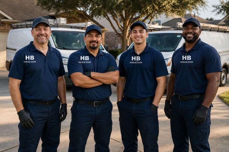 Houston's Best Garage Door technicians beside their service van in a Houston neighbourhood
