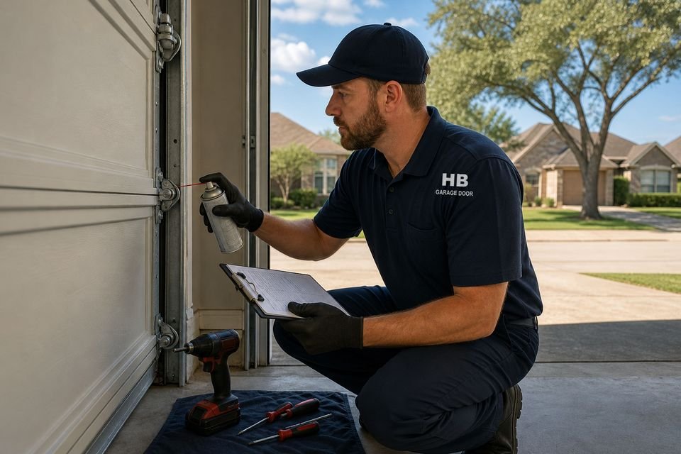 A technician lubricating and adjusting a residential garage door