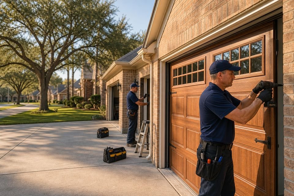 A Houston suburban street of homes with front-loading two-car garages
